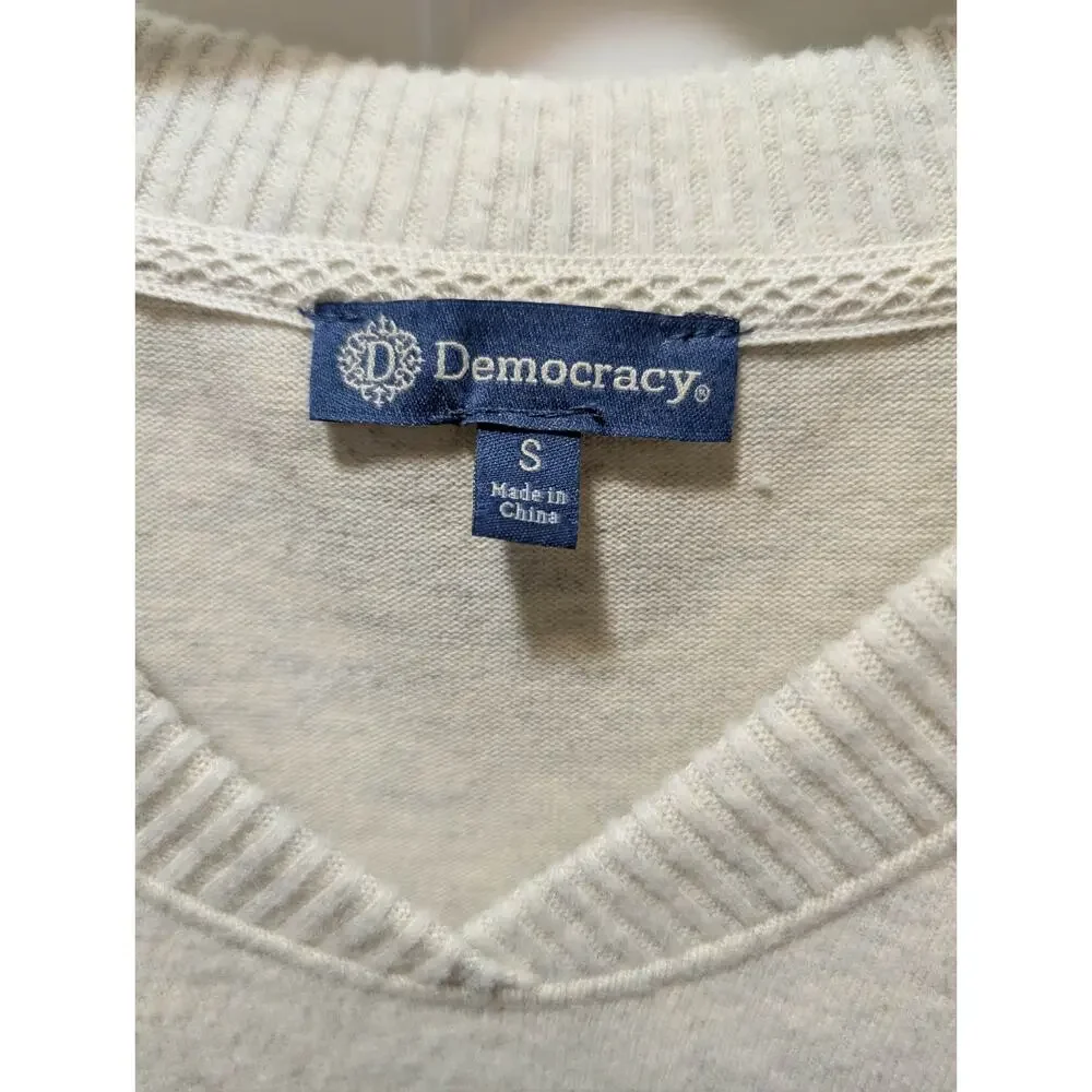 NEW! Democracy V-Neck Knot Hem Long-Sleeve Top Cream Size S Beaded Sequins